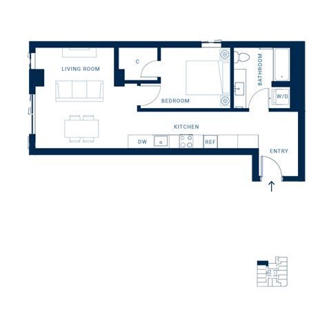 Floor plan for 1 bed, 1 bath, 638 sqft